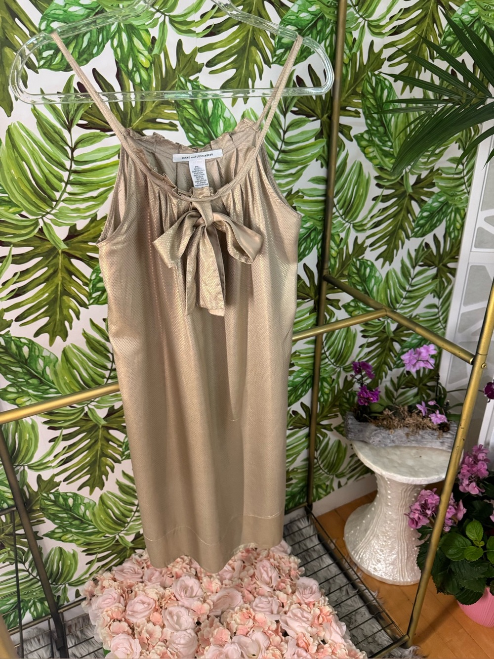 Diane von Furstenberg Metallic Gold Tie-Neck Silk Top